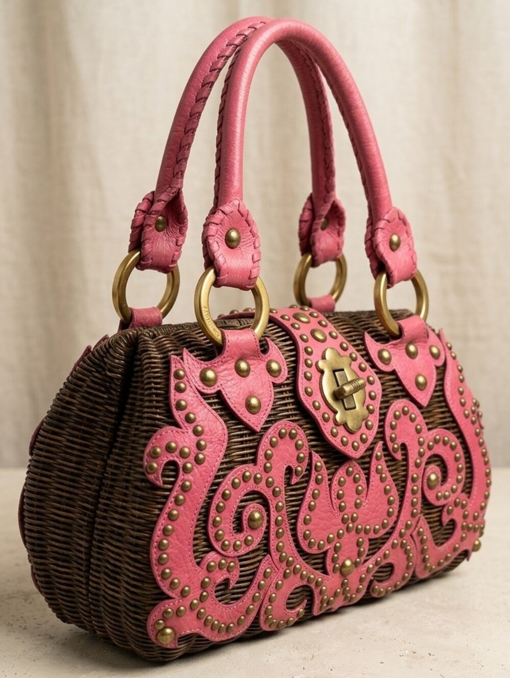 Vintage Isabella Fiore Wicker and Pink Leather embellished satchel